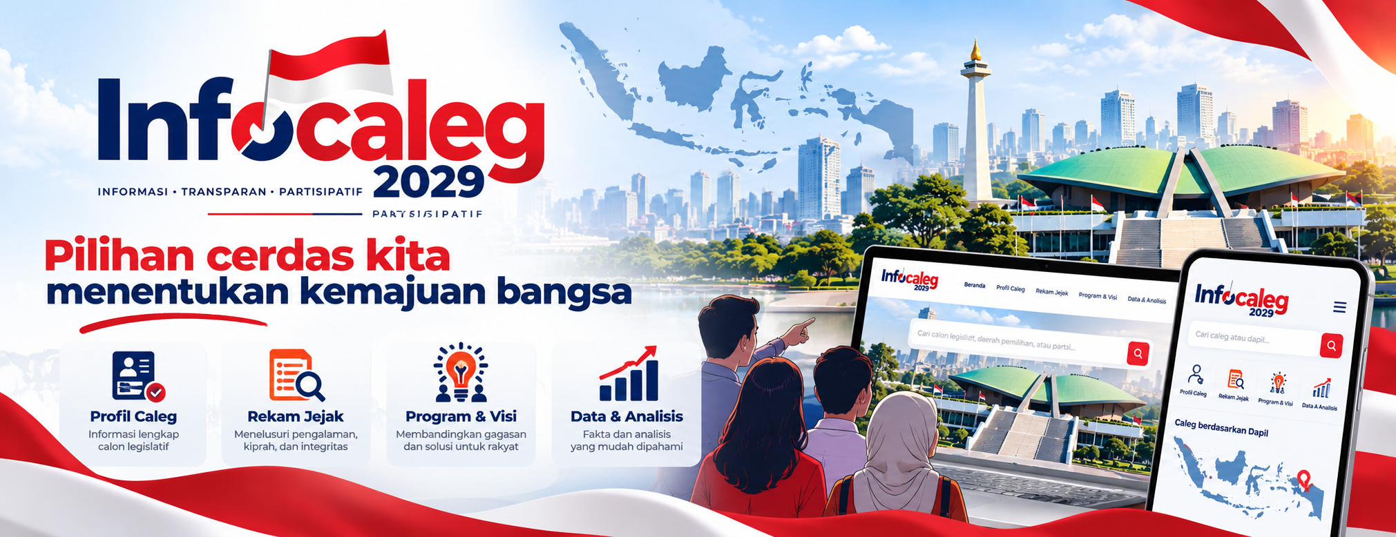 Ilustrasi Infocaleg 2029 dengan warna merah putih, gedung parlemen, peta Indonesia, dan masyarakat